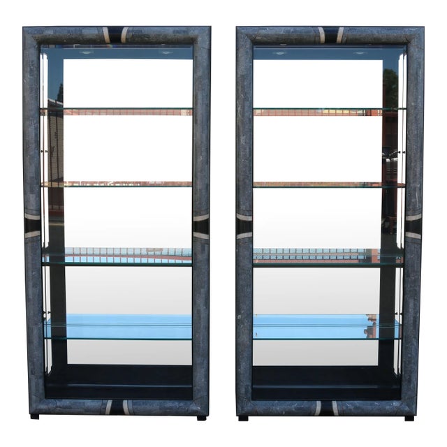 Pair of Late 20th Century Art Deco Revival Fossil Stone & Glass Lighted Display Cabinets by Pulaski For Sale