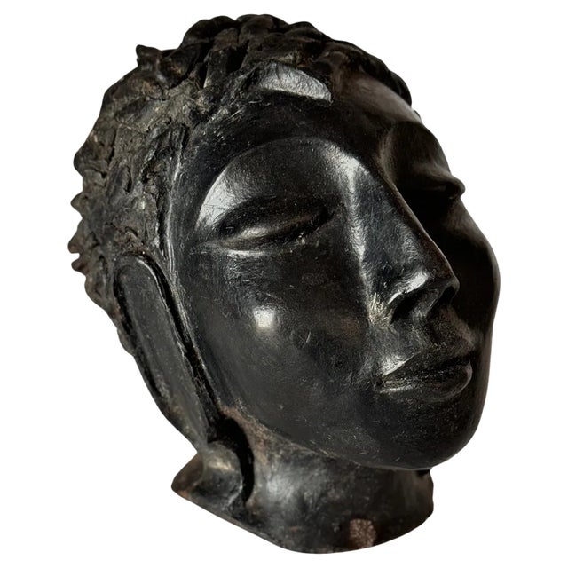 Art Deco Terracotta Sculpture in Black Color Woman Head, France, 1940s For Sale