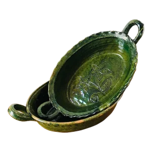 Set of 2 Red Ware Pottery Patamban Michoacán Green Glaze Baking Dishes From Mexico