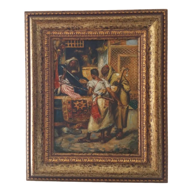 L. Sanchez, Figurative Scene, 1970s, Oil on Board For Sale