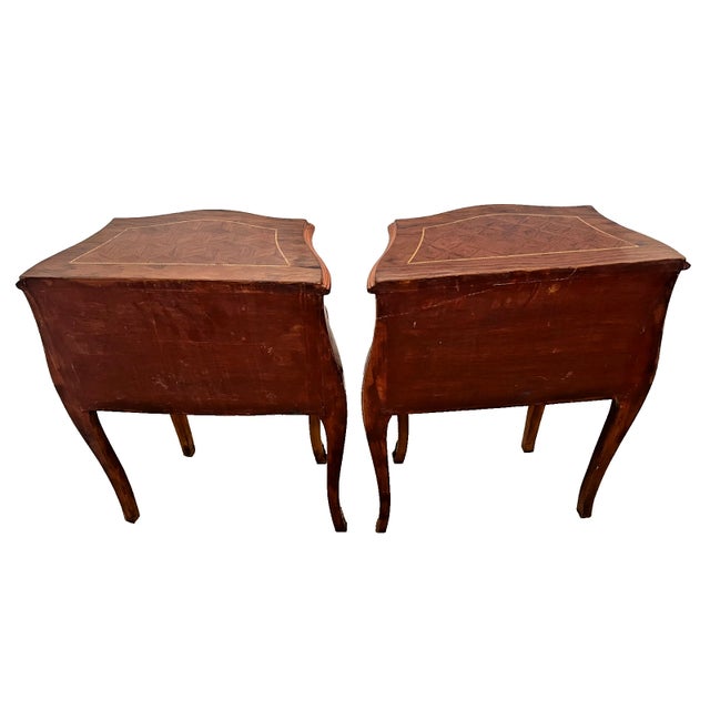 1900 - 1909 Antique Pair of French Nightstand Tables, Two Drawers, Inlays, Brass Ormolu For Sale - Image 5 of 11