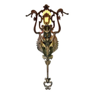 Spanish Revival Brass Wall Sconce: Gothic Dragon Design, c. 1910-1920 For Sale