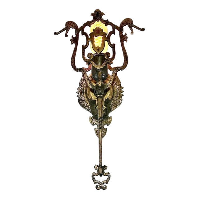 Spanish Revival Brass Wall Sconce: Gothic Dragon Design, c. 1910-1920 For Sale