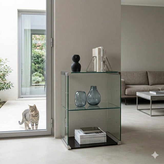 Glass display case with double shelf and nickel-plated brass profiles. In good condition. allotti &amp; Radice was the...