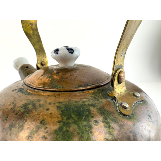 Copper Antique Copper Tea Kettle With Blue & White Porcelain Handle and Finial For Sale - Image 8 of 10
