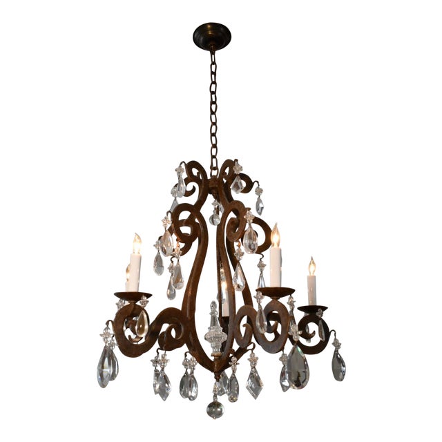 French Style Iron and Crystal Scrolled Arm Chandelier For Sale