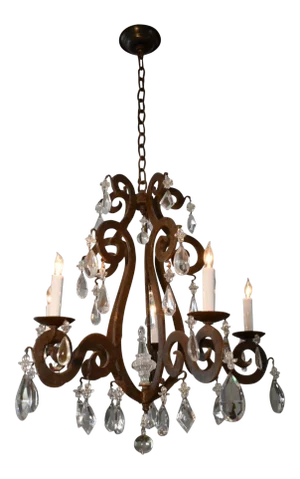French Style Iron and Crystal Scrolled Arm Chandelier