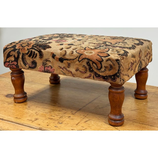 Brown Antique Floral Upholstered Footstool W/ Turned Wood Legs For Sale - Image 8 of 11