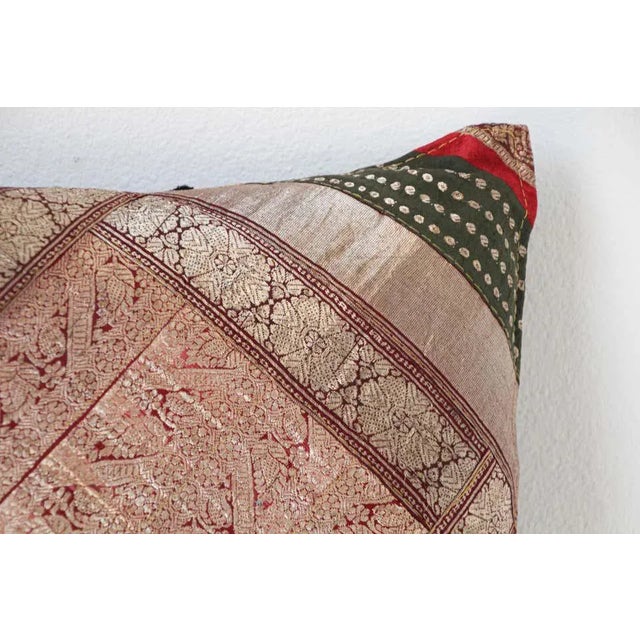 Red Decorative Vintage Throw Pillow Made From Silk Sari Borders, India For Sale - Image 8 of 13