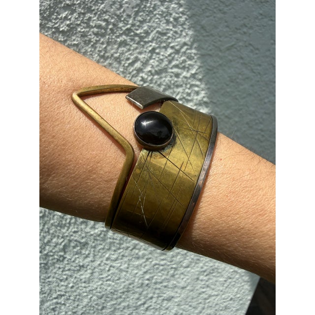 Metal Vintage Hall McFall Sterling Silver Brass Black Onyx Modernist Cuff Bracelet For Sale - Image 7 of 14