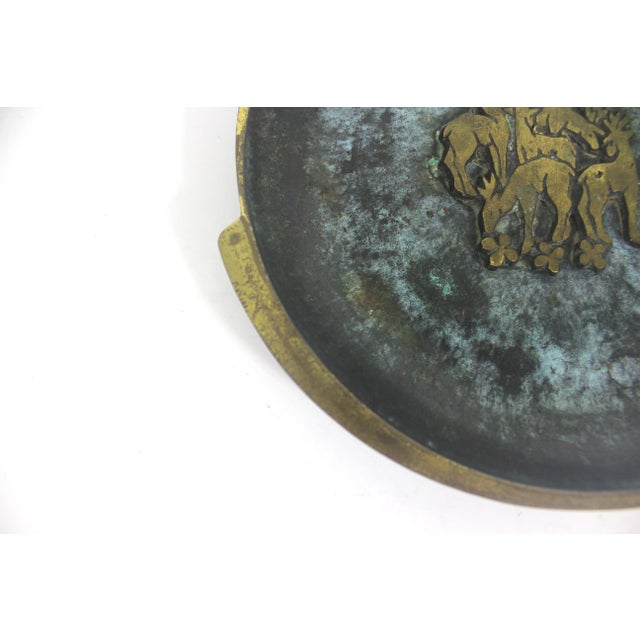 Metal Mid Century Modern Verdigris Brass Plate With Deer For Sale - Image 7 of 10