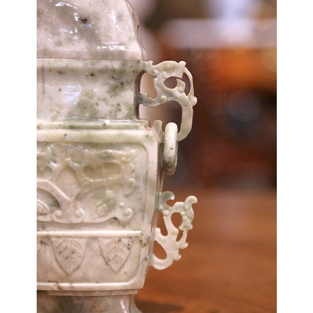 Jade 20th Century Chinese Carved Jade Covered Vase With Pierced Handles For Sale - Image 8 of 13