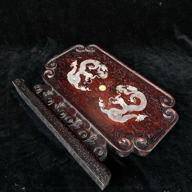 1980s Vintage Chinese Zitan Wood Table Screen With Mother of Pearl "Two Dragons" Inlay For Sale - Image 5 of 9