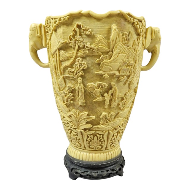 Hollywood Regency Chinoiserie Carved Italian Faux Ivory Vase With Elephant Handles For Sale