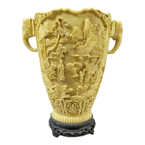 Hollywood Regency Chinoiserie Carved Italian Faux Ivory Vase With Elephant Handles