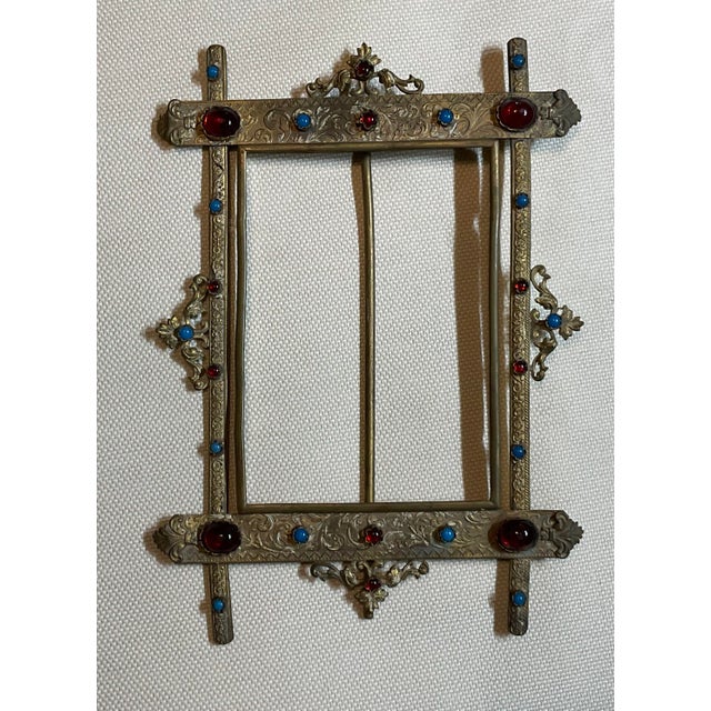 Brass Antique Austro-Hungarian Style Jeweled Brass Picture Frame – Renaissance Revival For Sale - Image 8 of 12