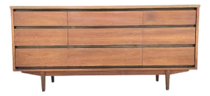 Mid-Century Modern 9-Drawer Walnut Dresser by Stanley- 1960s