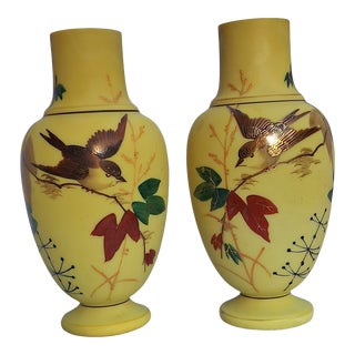 Antique Hand Painted Chartreuse Frosted Glass Vases - a Pair For Sale