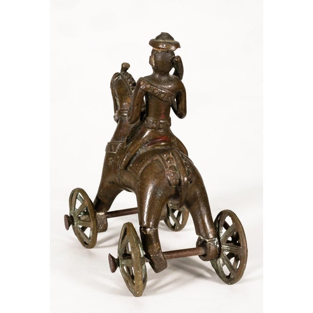 Indian Antique Indian Horse Rider on Wheels & Peacock Bronze Sculpture 20th Century For Sale - Image 3 of 9