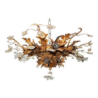 1940s Maison Bagues 15 Light Flower & Glass Leaves Chandelier For Sale