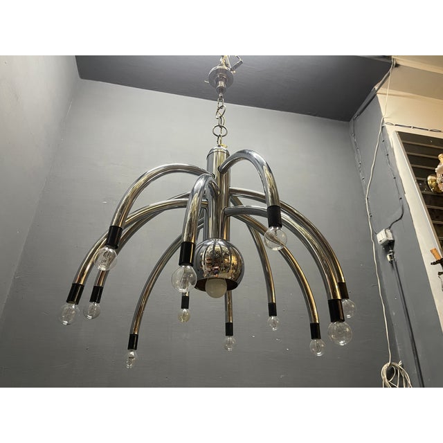Vintage Space Age Chrome 13-Light Chandelier attributed to Goffredo Reggiani, 1970s For Sale - Image 11 of 14