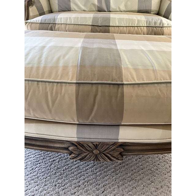 Green Harden Berger French Louis XVI Style Marquise Silk Plaid Arm Chair & Ottoman For Sale - Image 8 of 10