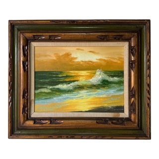 1980’s Vintage Sunset Ocean Landscape Oil on Canvas Painting – Unsigned For Sale