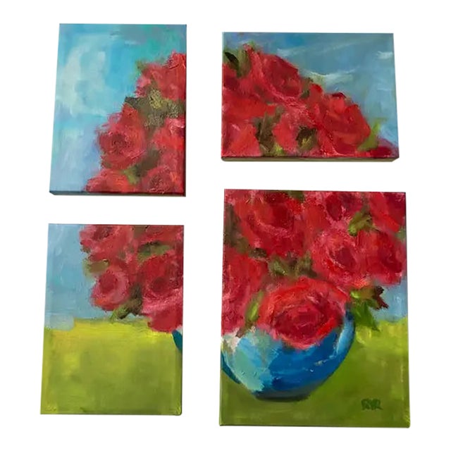 "Rose Bowl" Contemporary Original Floral Still Life Oil Painting by Robert Rutkauskas - 4 Stretched Canvases For Sale