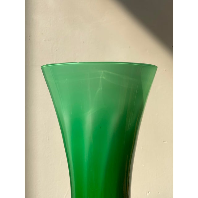 Vintage 1960s Kelly Green Optic Italian Empoli Glass Footed Vase