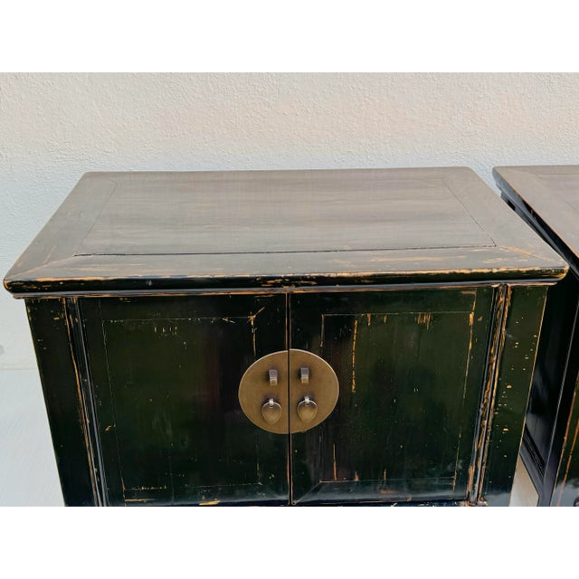 Pair of Vintage Chinese Chests / Night Tables : Vintage Wood Ebony Lacquer With Brass Hardware and Beautiful Patina For Sale In Los Angeles - Image 6 of 12