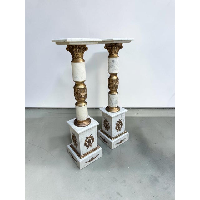 Antique French Empire Bronze Ormolu White Marble Pedestals - A Pair For Sale - Image 10 of 10