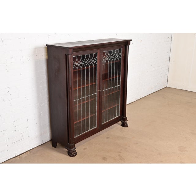 R. J. Horner & Co. R. J. Horner Style Antique American Empire Carved Mahogany Leaded Glass Front Double Bookcase Cabinet, Circa 1890s For Sale - Image 4 of 11