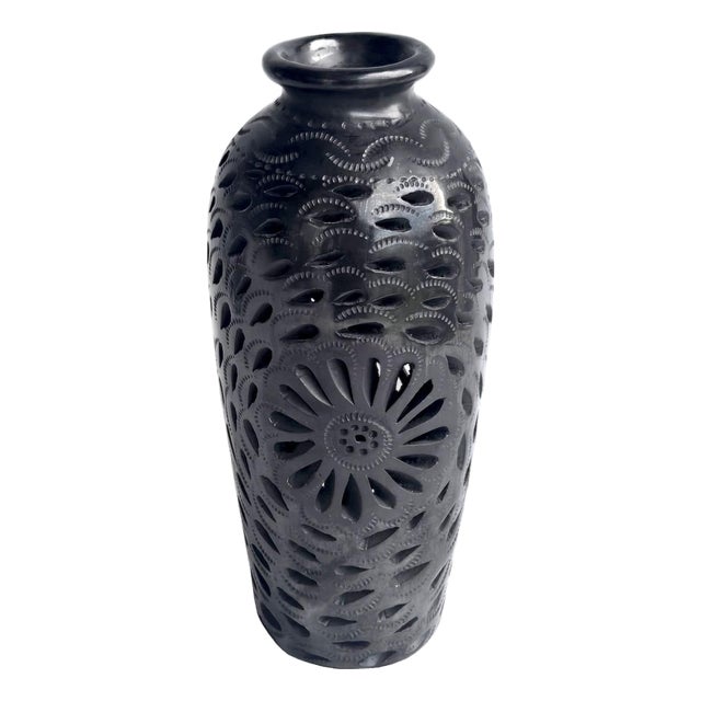 Vintage Hand Carved Oaxacan Barro Negro Vase With Pierced Lace Motif For Sale