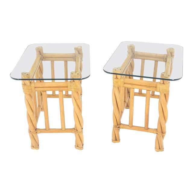 Decorative Twisted Rattan Rectangle End Side Tables Stand Rounded Glass Top - A Pair For Sale