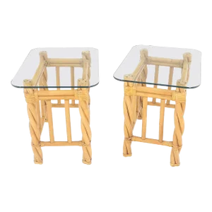 Decorative Twisted Rattan Rectangle End Side Tables Stand Rounded Glass Top - A Pair