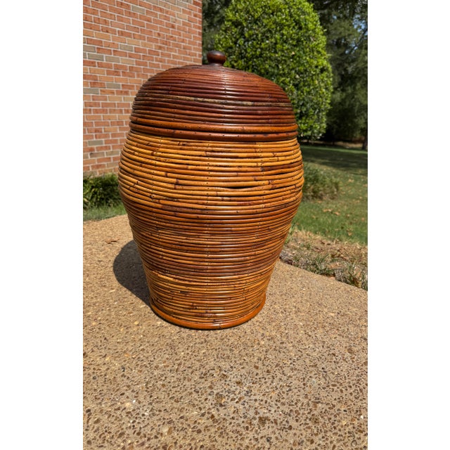 Brown Large Vintage Crespi Style Pencil Reed Rattan Lidded Floor Basket For Sale - Image 8 of 11