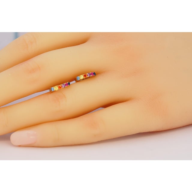 Rainbow Gemstone 14k Gold Huggy Hoop Earrings, A Pair For Sale - Image 6 of 6