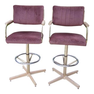 Mid 20th Century Chromecraft Barstool Brass Frame Burgandy Swivel - Set of 2 For Sale