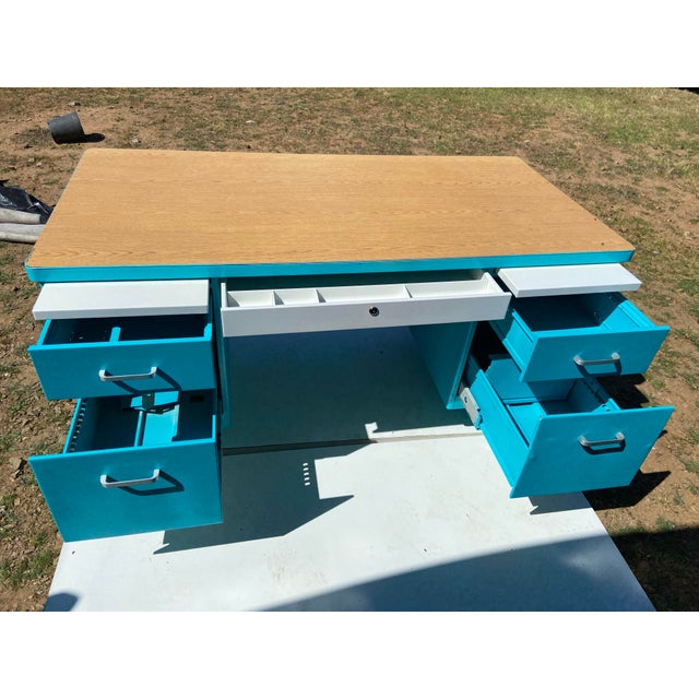 Tan Allsteel Vintage Mid Century Modern Metal Tanker Desk For Sale - Image 8 of 12