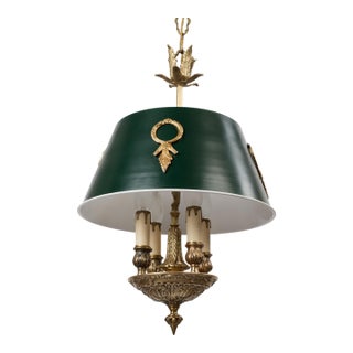 1950s Empire Bouillotte Brass Chandelier With Green Tole Shade For Sale