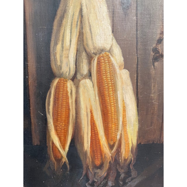 Primitive Oil on Board of Corn , some paint loss in corners. newly framed in floating wooden frame. 19.5h x 13w x 2 d