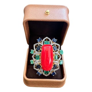 Bochic "Orient" Vintage Diamond, Emeralds, Sapphire & Opal Ring Set 18K Gold & silver For Sale