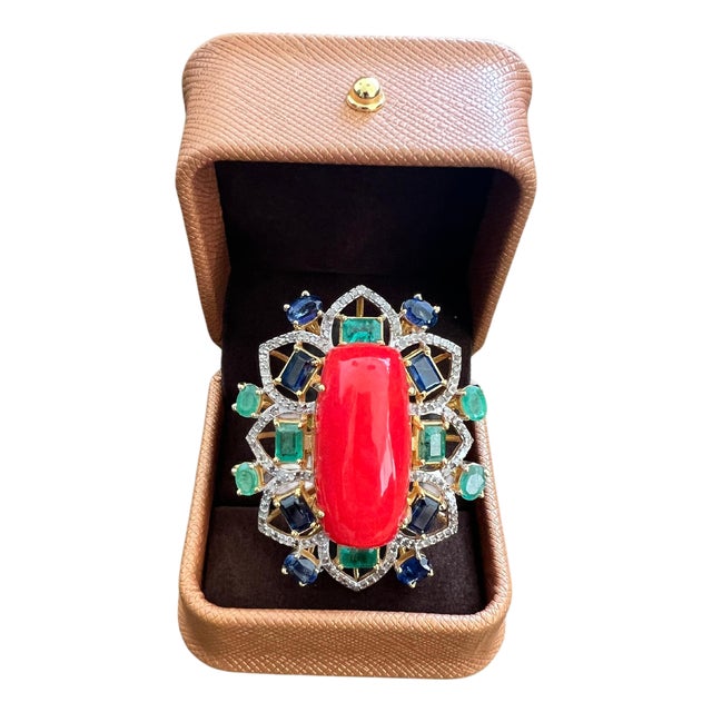 Bochic "Orient" Vintage Diamond, Emeralds, Sapphire & Opal Ring Set 18K Gold & silver For Sale