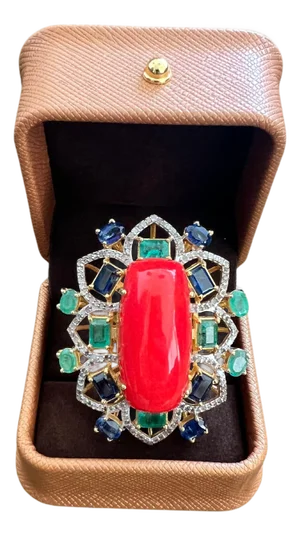 Bochic "Orient" Vintage Diamond, Emeralds, Sapphire & Opal Ring Set 18K Gold & silver