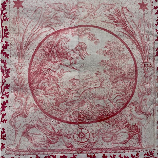 A special little steel-etched toile pillow where the central cartouche depicts Aesop’s fable of "The Rooster and the Fox”...
