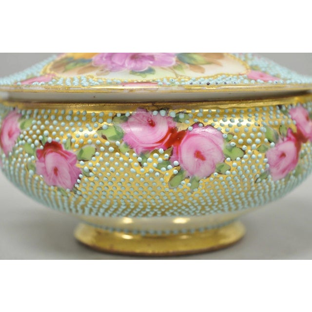 Antique Nippon Hand Painted Gold Gilt Porcelain Green Moriage Covered Sugar Bowl For Sale - Image 4 of 16