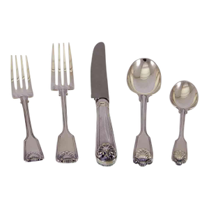 1990's Sterling Silver 5-Piece Flatware Place-Setting Fiddle Thread & Shell Hand-Forged by C. J. Vander