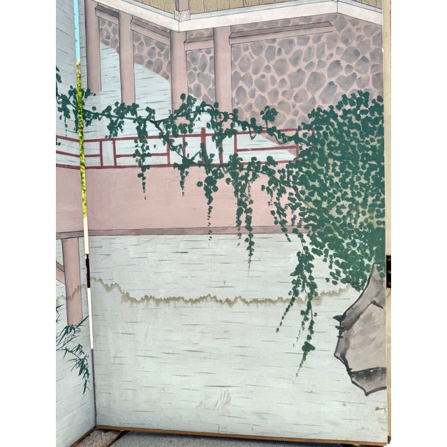 Grand-Scale Chinese Hand-Painted 6 Panel Folding Screen Room of Waterfront Village For Sale - Image 9 of 11