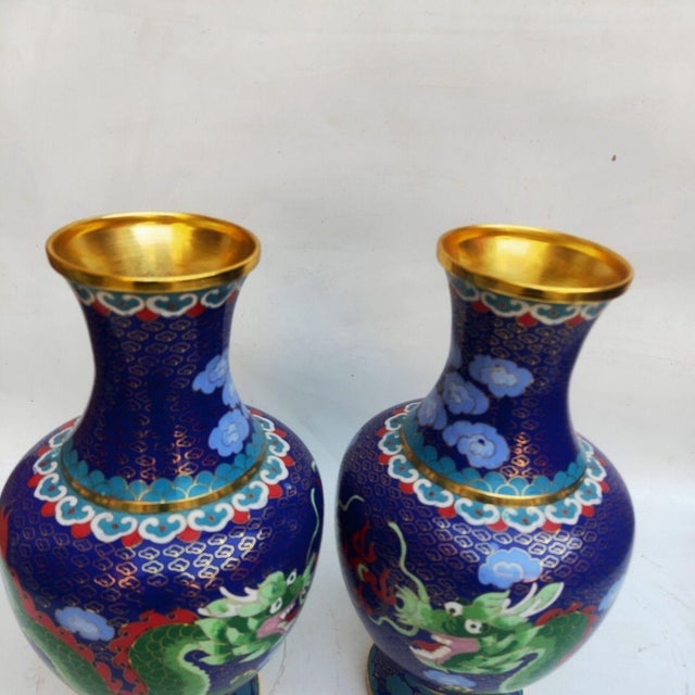 Pair of Vintage Cloisonné Enamel Dragon Vases – Sapphire Blue Ground, Gilded Accents For Sale - Image 9 of 9