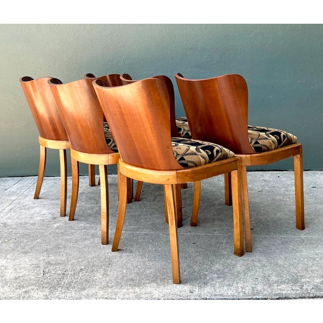 Mid-Century Modern Vintage Art Deco Style Burl Wood Dining Chairs - Set of 6 For Sale - Image 3 of 12
